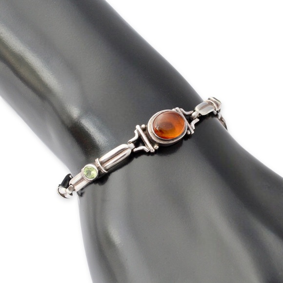 Vintage Genuine Amber & Peridot Sterling Silver Link Bracelet - Picture 3 of 6